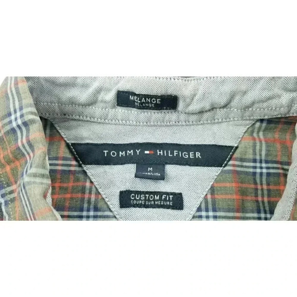 Tommy Hilfiger Custom Fit Melange Size Medium Mens Gray Red Blue Check Cuff Logo - Picture 4 of 11